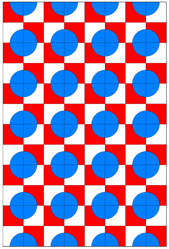 A quilt design featuring a checkered pattern with red and white squares and blue circles in the center.