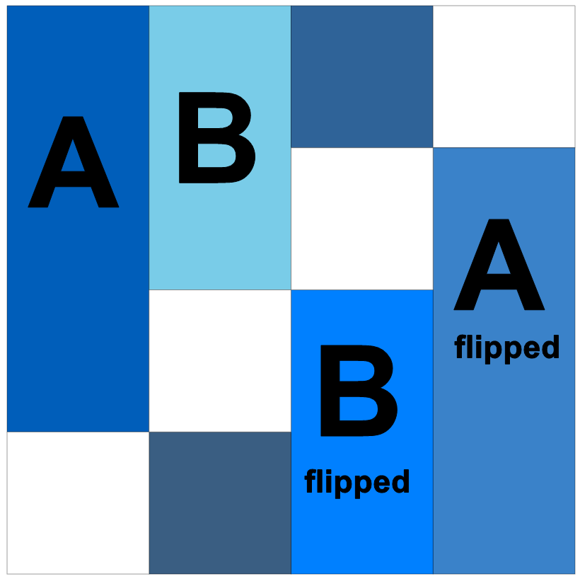 A quilt block layout featuring the letters A and B in various blue shades, with some blocks flipped.