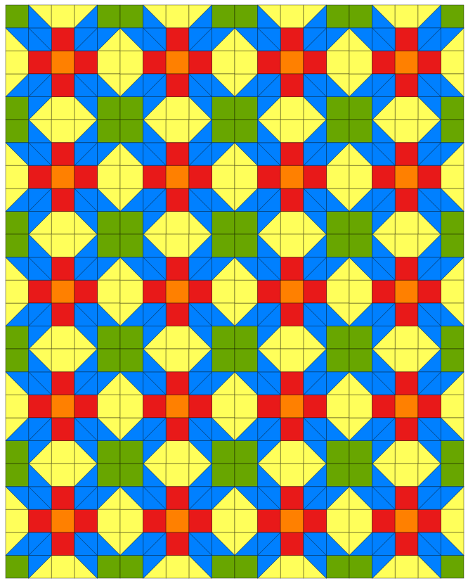 Colorful quilt design featuring a geometric pattern with star and diamond shapes in red, blue, green, yellow, and orange.