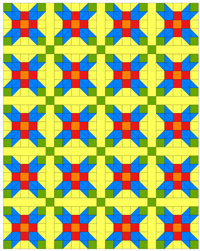 A colorful quilt design featuring a repeating star pattern with red, blue, orange, and green shades set against a yellow background.