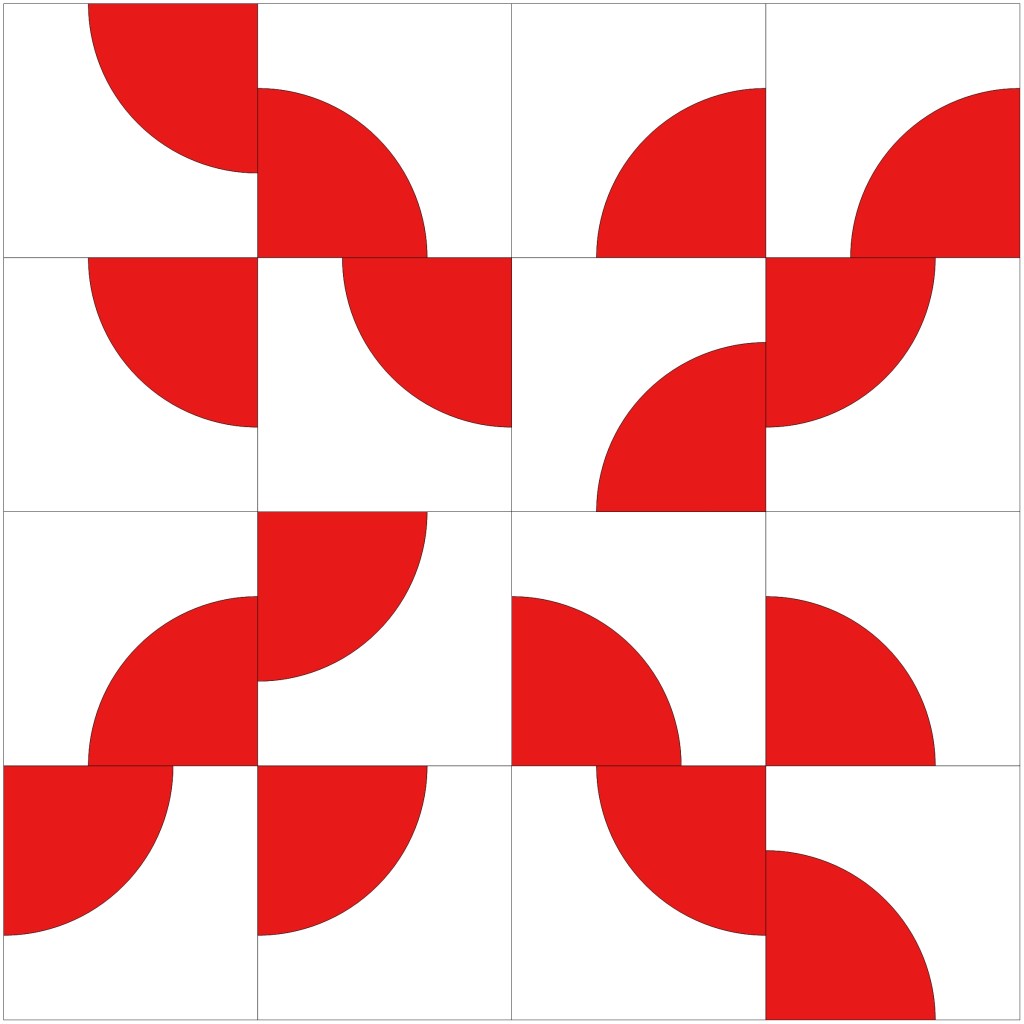 A quilt block design featuring a repeating Drunkard's Path pattern with alternating red and white curves.