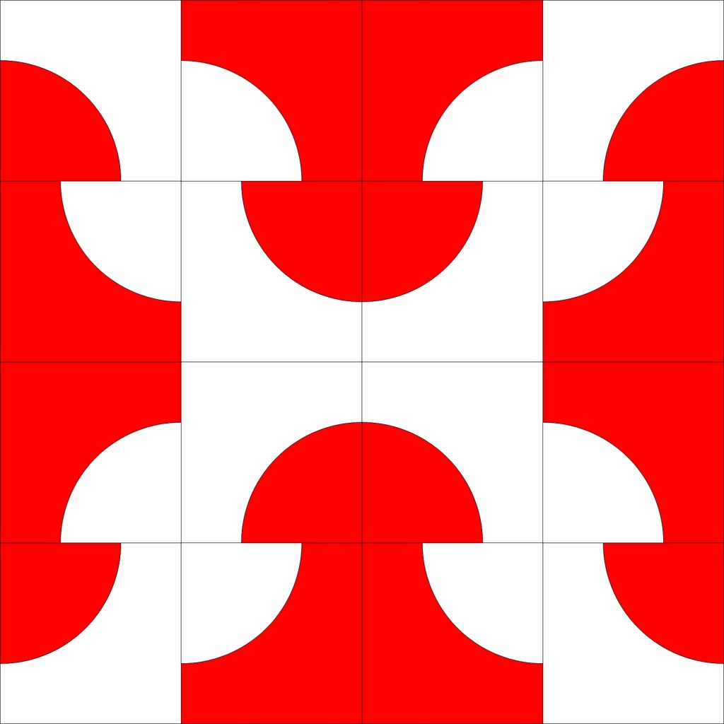 A Drunkard's Path quilt block design featuring red and white curved shapes arranged in a grid pattern.