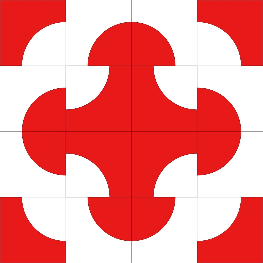 A Drunkard's Path quilt block design featuring alternating red and white curved shapes arranged in a 3x3 grid.