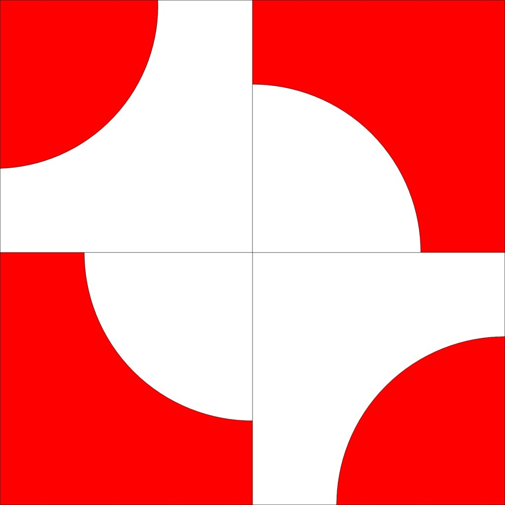 Quadrant quilt block featuring a Drunkard's Path design with alternating red and white sections.