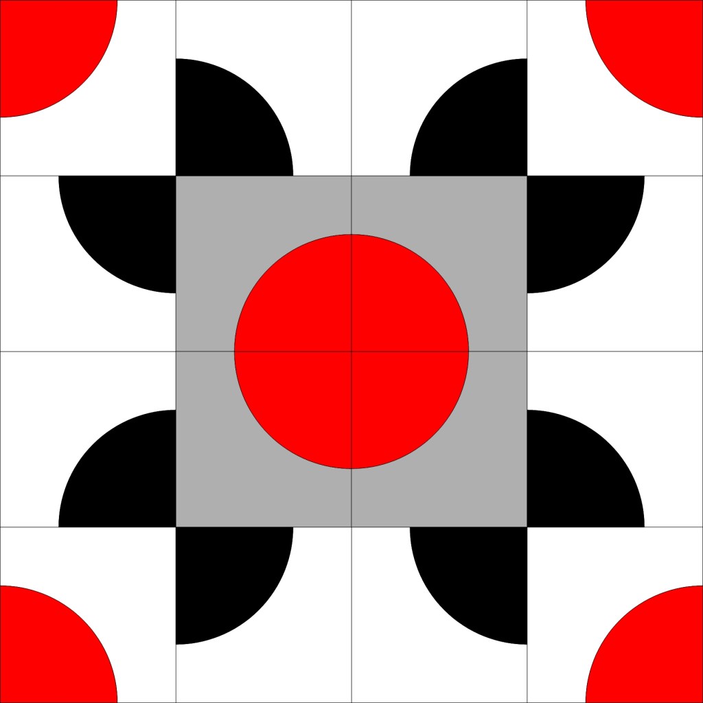 A geometric quilt block design featuring a mix of red circles, black shapes, and white backgrounds with a central gray square.