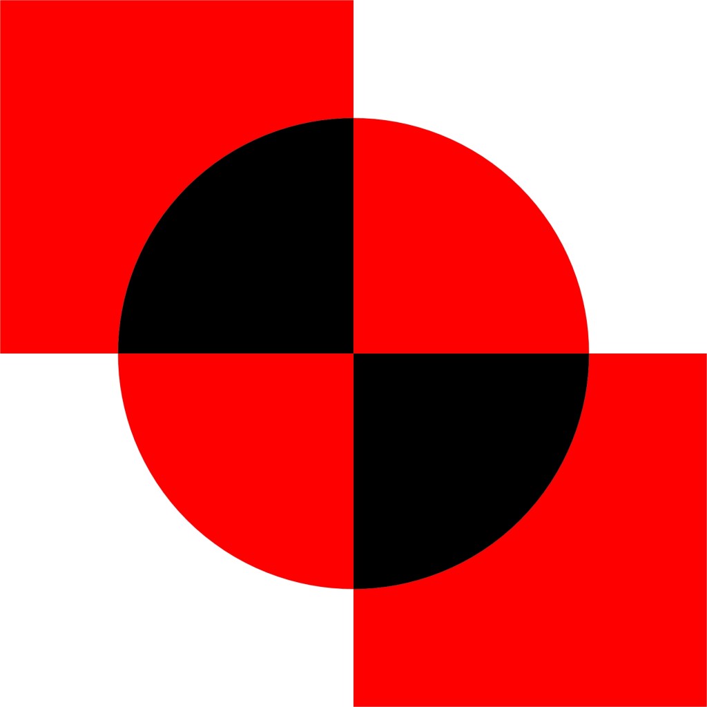 Abstract quilt block design featuring red and black shapes arranged in a circular and square pattern.