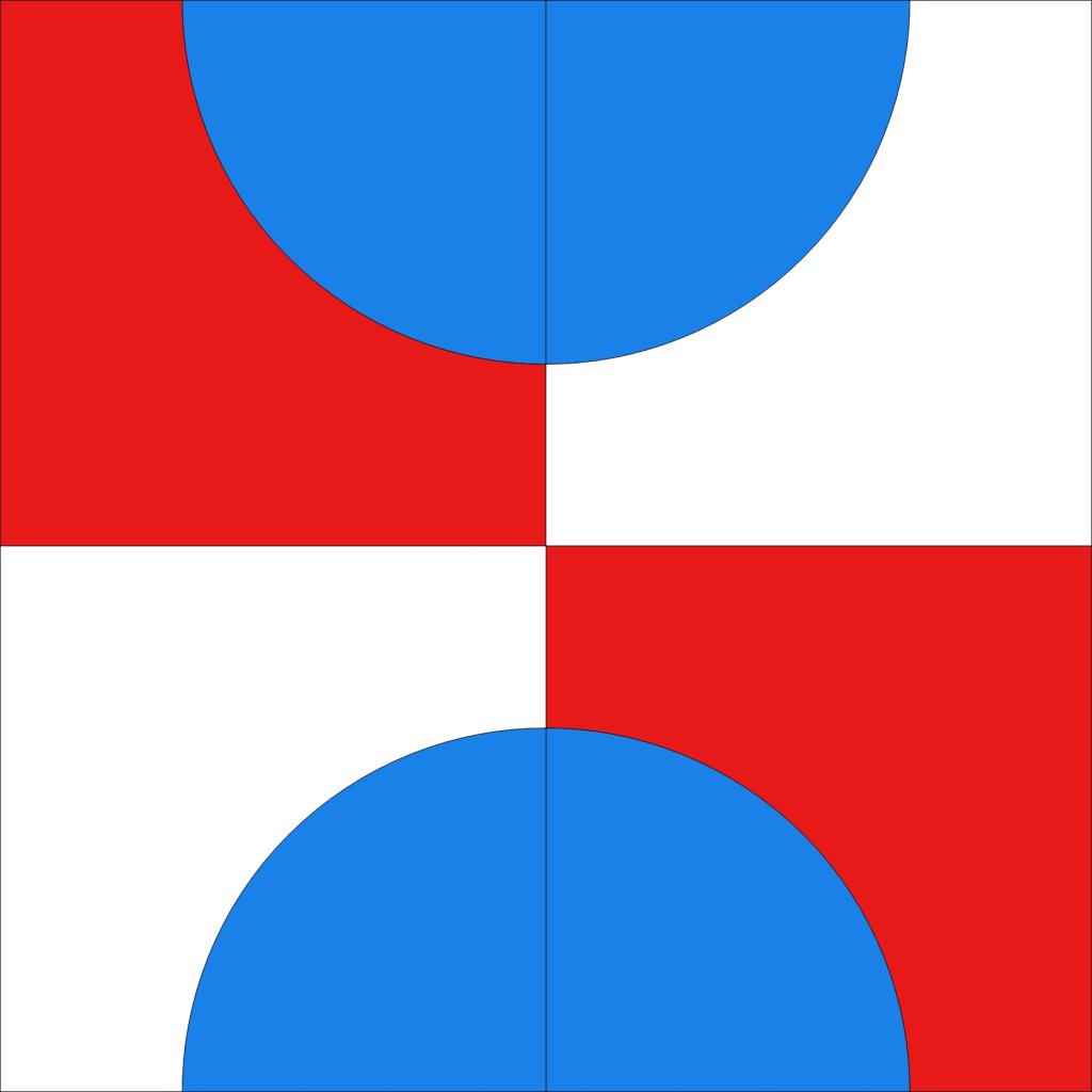 A Drunkard's Path quilt block design featuring a blue semicircle on a red and white background, arranged in a 2x2 grid.