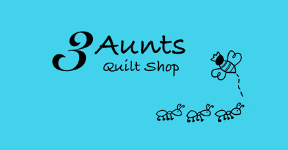 Logo of 3 Aunts Quilt Shop featuring a stylized bee and ants on a bright blue background.