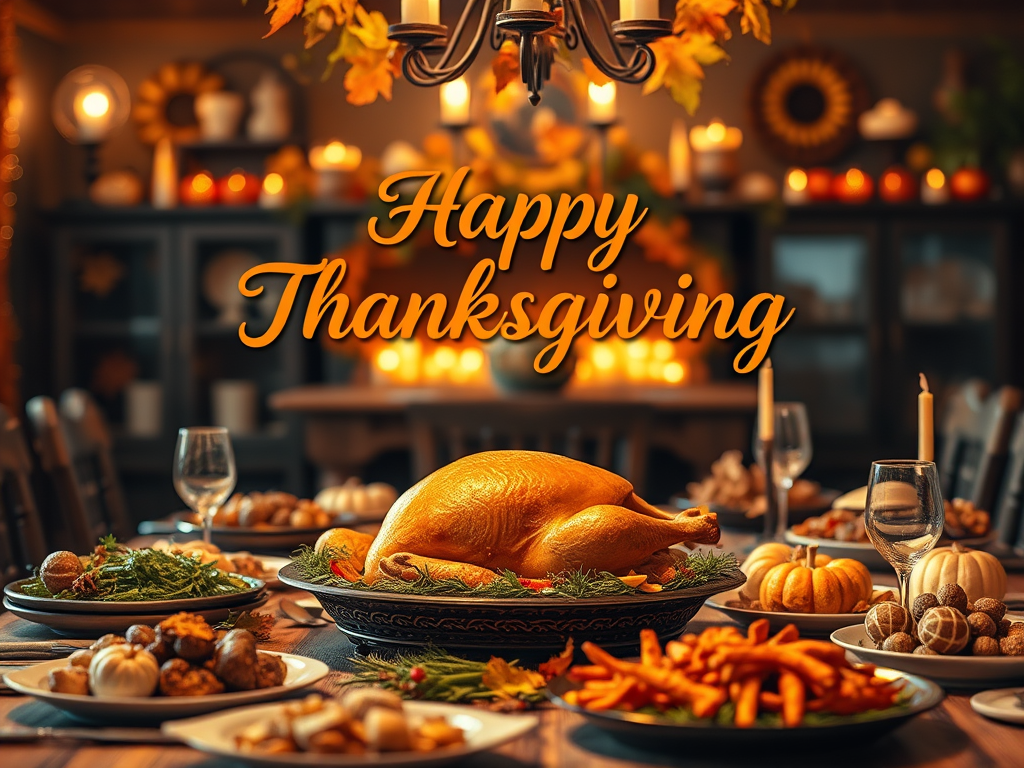 Thanksgiving dinner setting with a golden roasted turkey centerpiece, surrounded by various side dishes, pumpkins, and autumn decorations, with 'Happy Thanksgiving' text overlay.