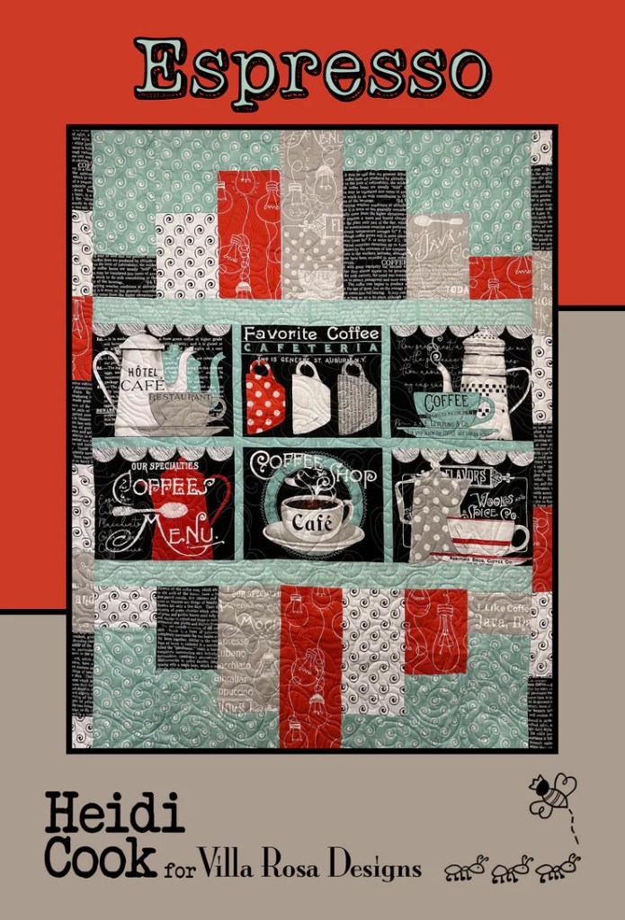 A quilt design titled 'Espresso' featuring coffee-themed fabric patterns, including cups, coffee pots, and playful text, set against a colorful backdrop.