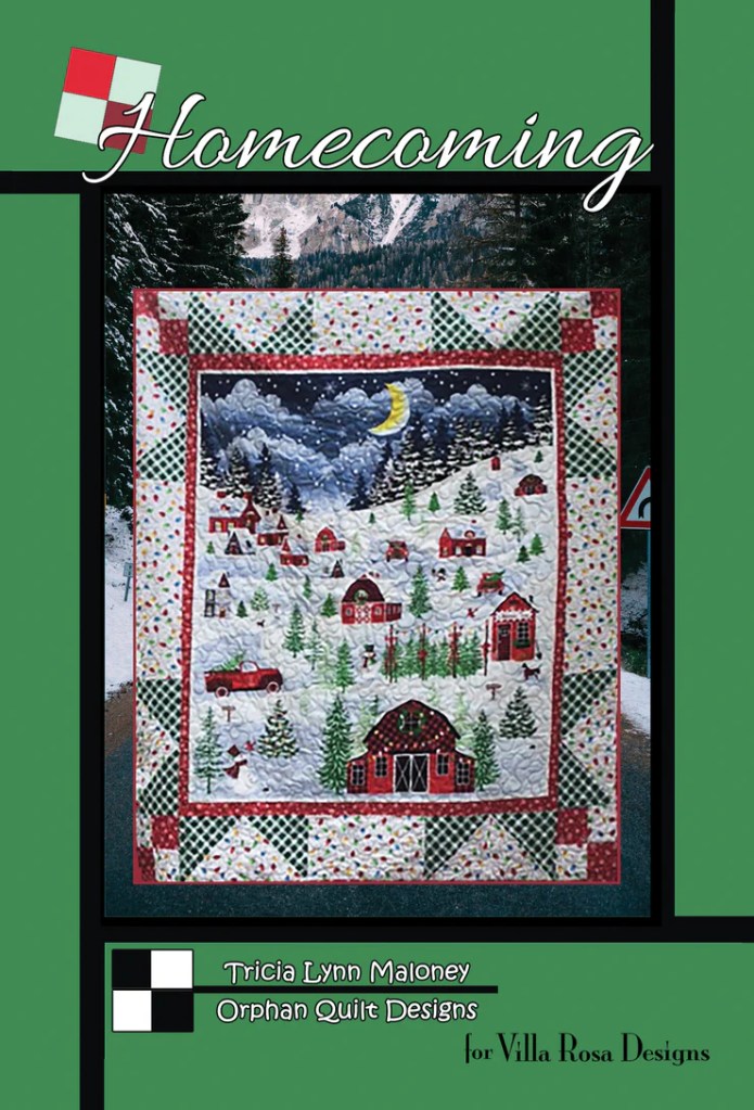 Cover image for the 'Homecoming' quilt pattern by Tricia Lynn Maloney, featuring a snowy landscape with red barns, pine trees, and a starry night sky.