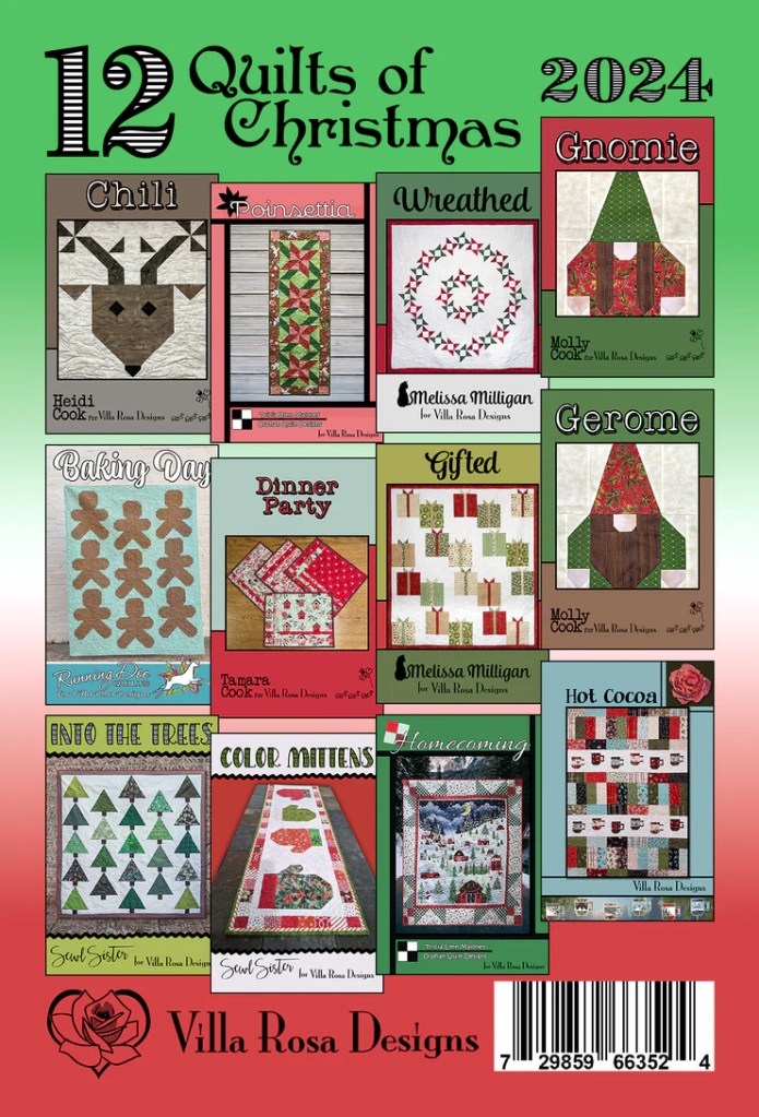 A vibrant collage featuring various quilt patterns for the holiday season under the title '12 Quilts of Christmas 2024' showcasing designs like 'Chili', 'Poinsettia', 'Wreathed', 'Gnomie', and more.