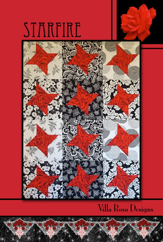 A vibrant quilt design titled 'Starfire' featuring red stars on black and white floral patterns, bordered with a decorative design at the bottom.