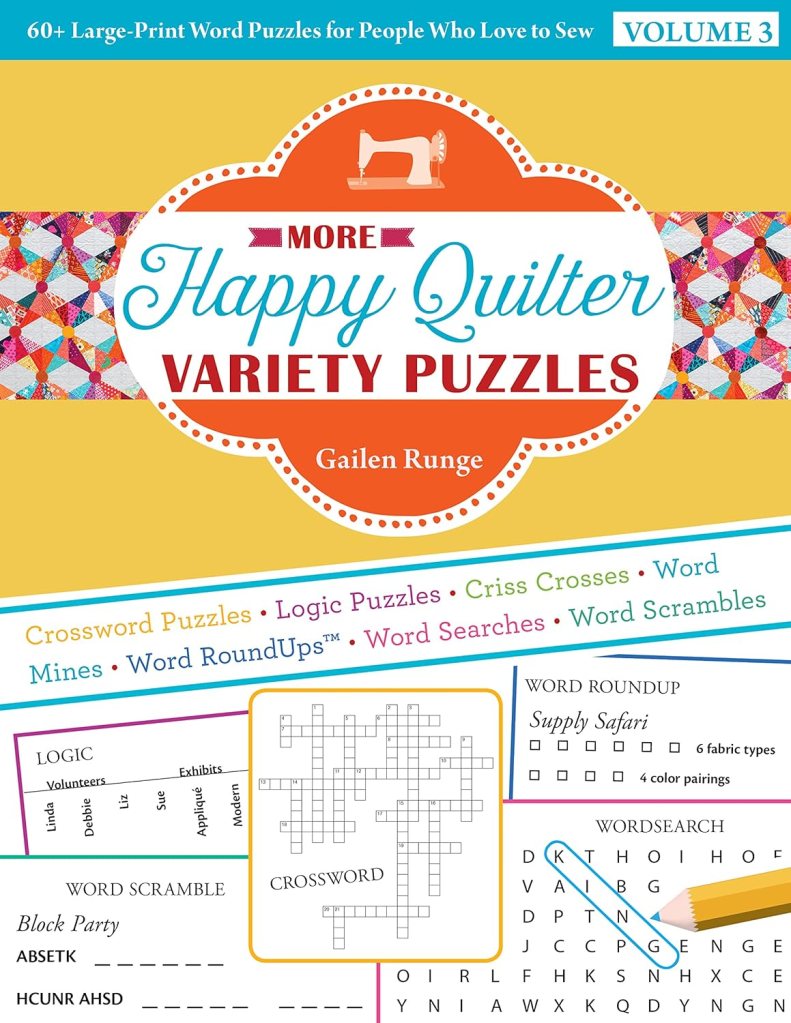 Cover of the book 'More Happy Quilter Variety Puzzles' featuring various large-print word puzzles related to quilting.