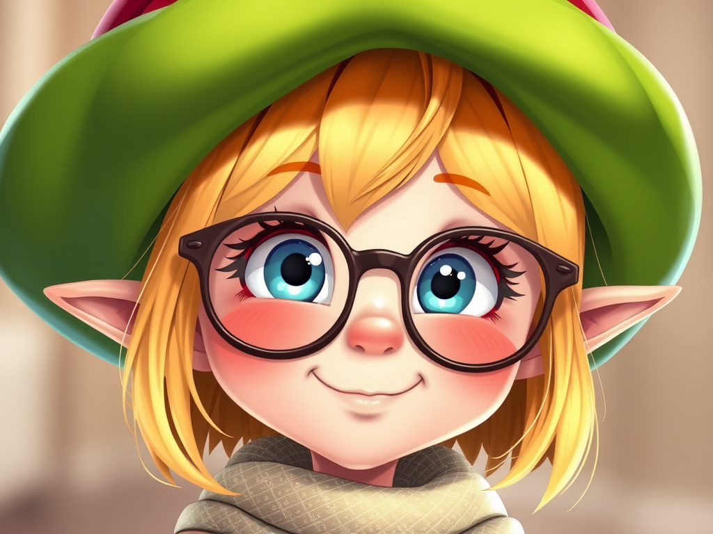 A cheerful animated character with blonde hair, glasses, and pointy ears, wearing a green hat and a cozy scarf, smiling warmly.