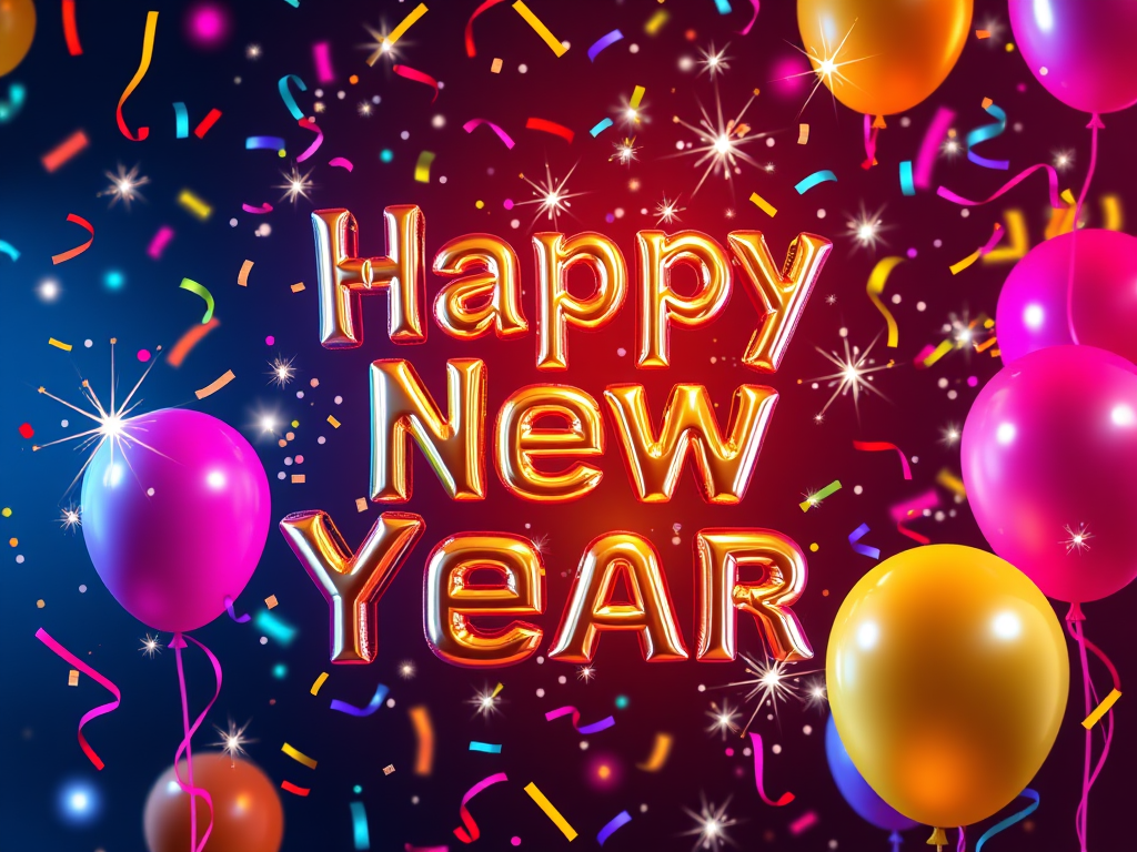 Colorful balloons and confetti against a dark background with the text 'Happy New Year' in bold, festive letters.