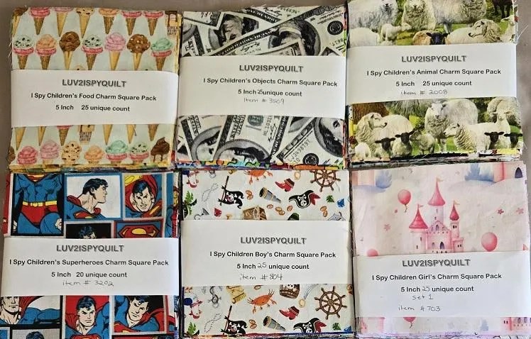 A collection of charm square packs featuring various themes for children's quilting, including food, superheroes, animals, and princesses, all labeled with their unique counts.