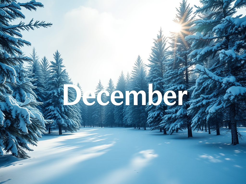 A snowy forest scene featuring tall evergreen trees, with the word 'December' prominently displayed in the center.