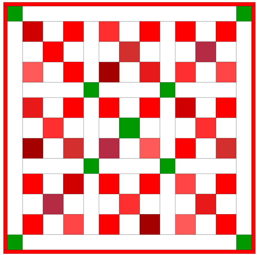 Colorful patchwork quilt design featuring a grid pattern in red, green, and white.