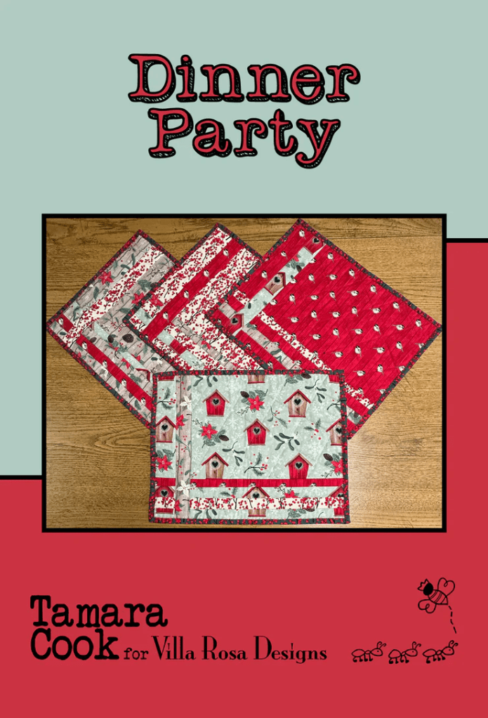 A colorful quilted placemat set featuring festive patterns in red and gray, labeled 'Dinner Party' with designer credits at the bottom.