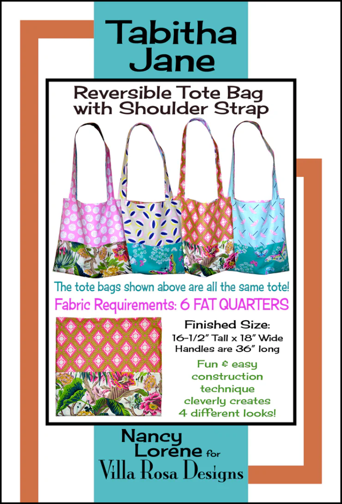 Colorful graphic showcasing the 'Tabitha Jane' reversible tote bag design, featuring multiple fabric patterns and descriptions of fabric requirements and finished size.