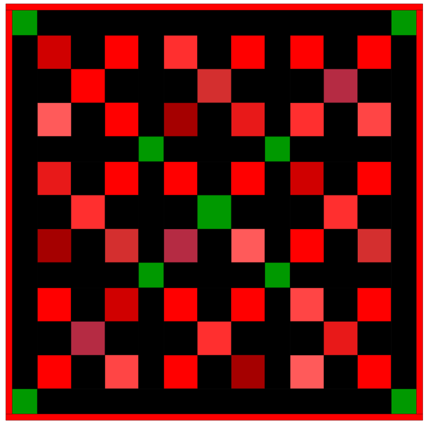 A colorful quilt pattern featuring red and green squares arranged in a checkerboard design, set against a black background with a red border.