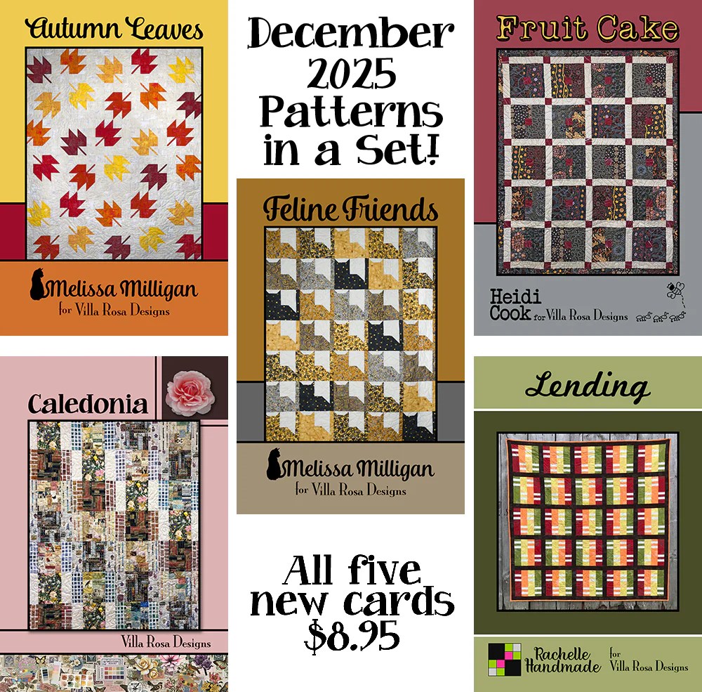 Graphic showcasing five new quilt patterns for December 2025, including Autumn Leaves, Feline Friends, Fruit Cake, Caledonia, and Lending, with captions and designer names.