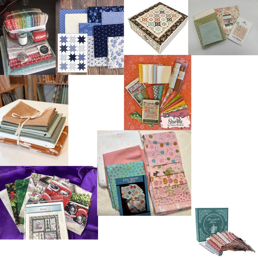 A collection of assorted quilting fabrics, including rolls, packs, and a quilt pattern book, arranged in a visually appealing layout.