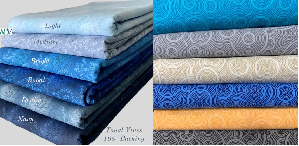 A stack of fabric bolts with various colors and patterns, labeled 'Light', 'Medium', 'Bright', 'Royal', 'Denim', and 'Navy' on the left, and a selection of swirled pattern fabrics in different colors on the right.