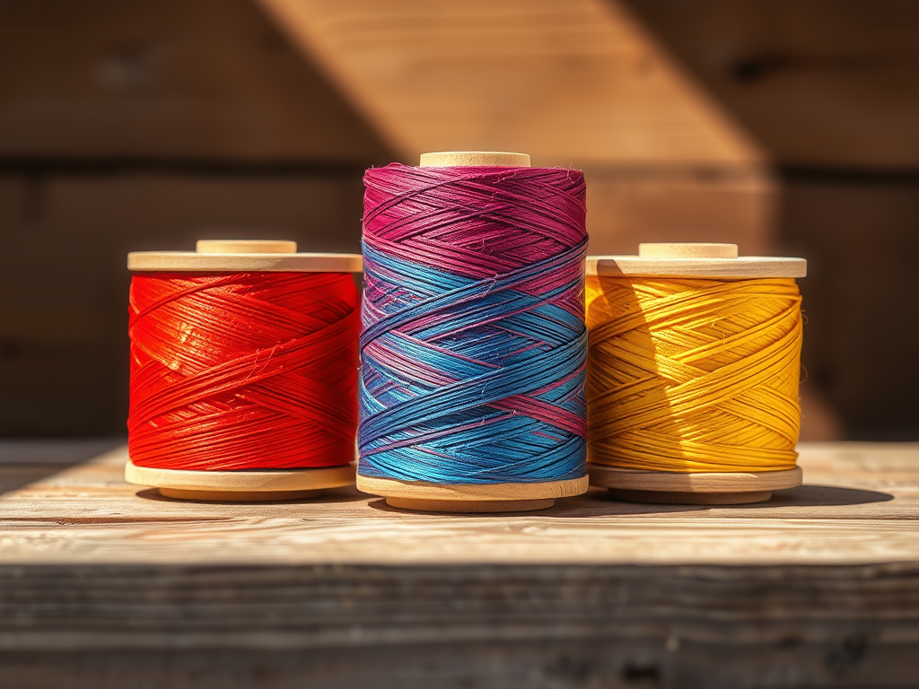 Three spools of thread in vibrant colors: red, multicolored blue and pink, and yellow, displayed on a wooden surface.