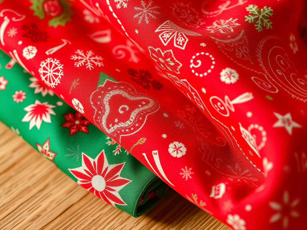 Close-up of red and green fabric with Christmas-themed patterns, including snowflakes and flowers.