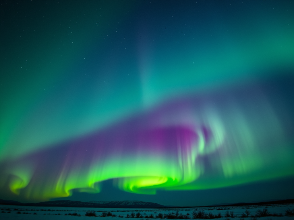 A stunning display of the Northern Lights, showcasing vibrant green and purple colors swirling in the night sky, above a snow-covered landscape.
