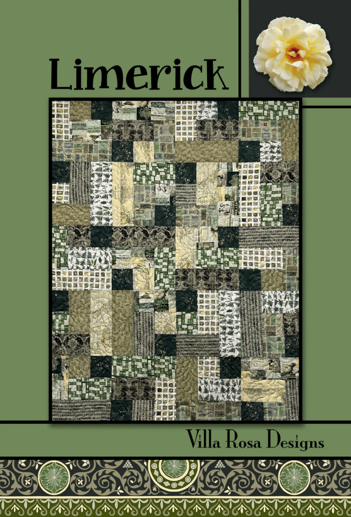 A quilt design titled 'Limerick' featuring a patchwork of various green and neutral fabric patterns, with floral artwork and branding from Villa Rosa Designs.