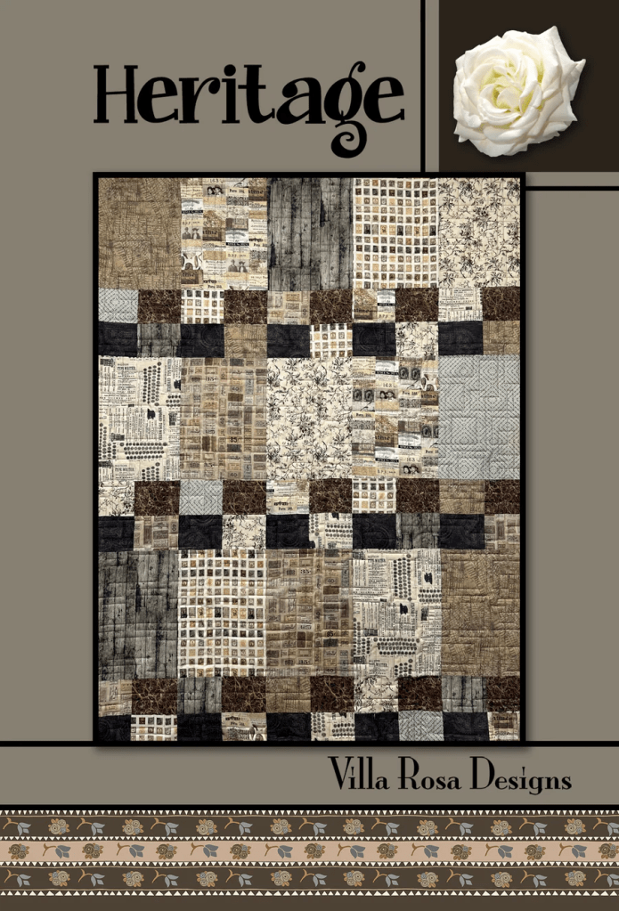 A quilt design titled 'Heritage' featuring a patchwork of various fabrics in neutral tones, with a floral accent in the top right corner and the text 'Villa Rosa Designs' at the bottom.