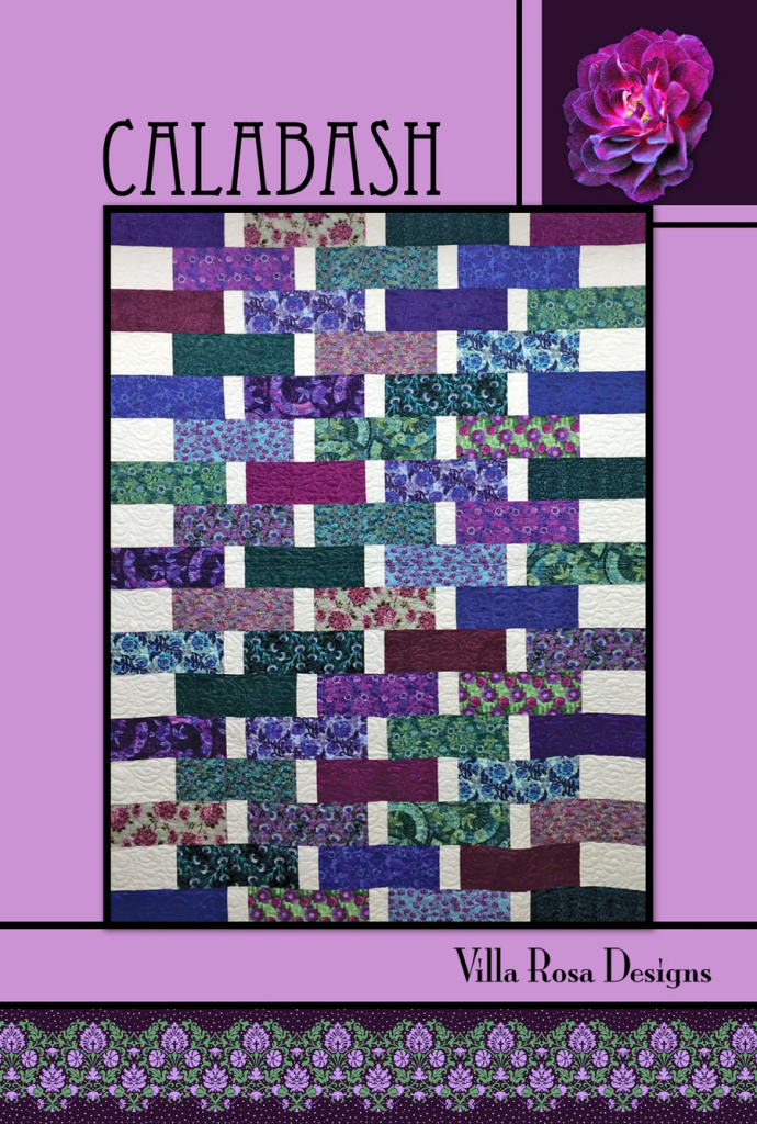 A colorful quilt design titled 'Calabash' featuring various shades of purple, green, and patterned fabrics, framed in a purple background with a decorative floral motif.