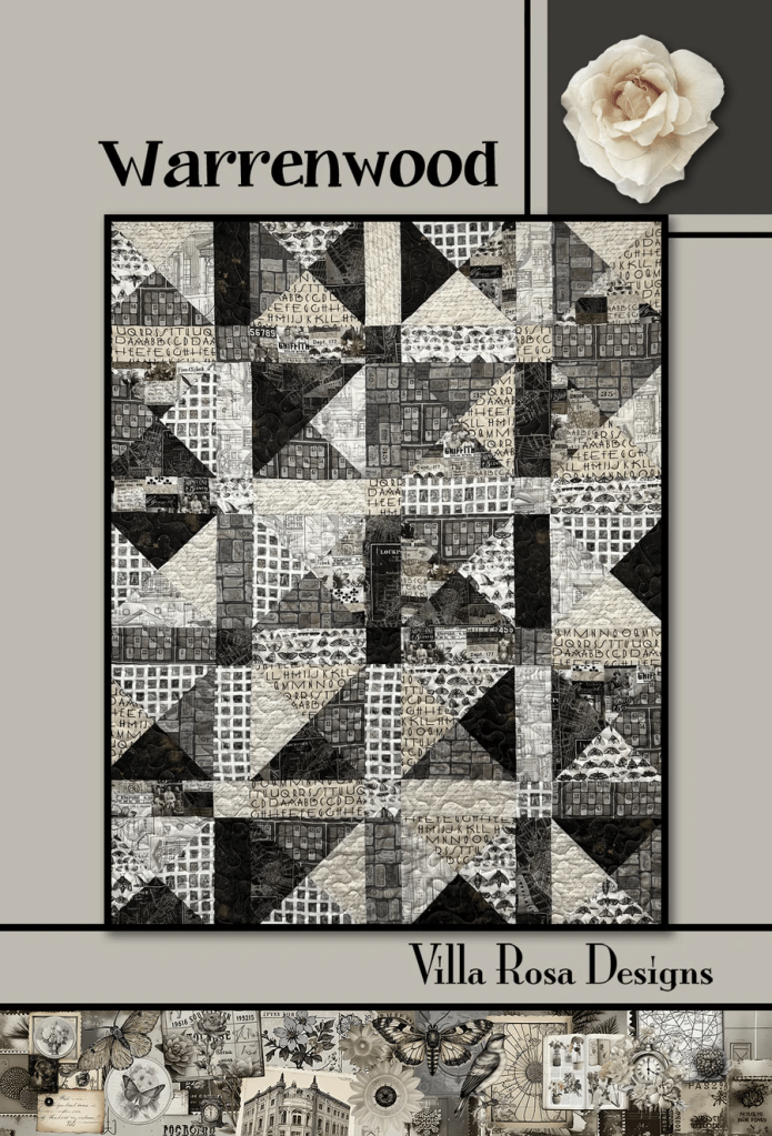 A graphic showcasing the 'Warrenwood' quilt design by Villa Rosa Designs, featuring a patchwork pattern in black, white, and cream colors with a mix of geometric shapes and printed fabrics.