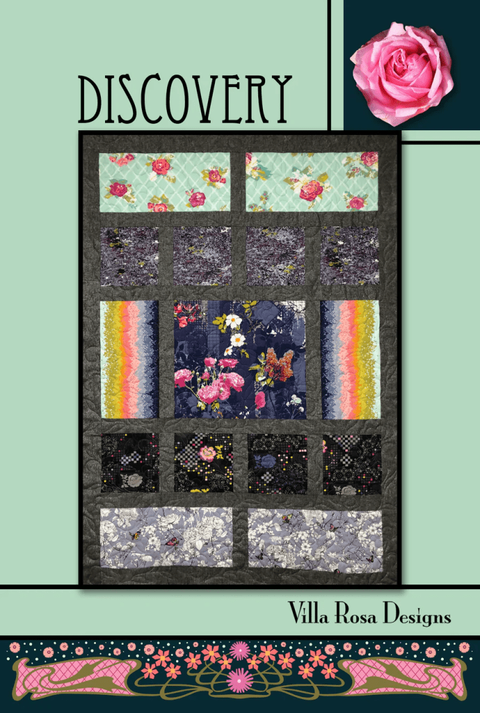 A quilt design titled 'Discovery' by Villa Rosa Designs, featuring a colorful patchwork of floral and geometric patterns arranged in a grid layout against a light green background.
