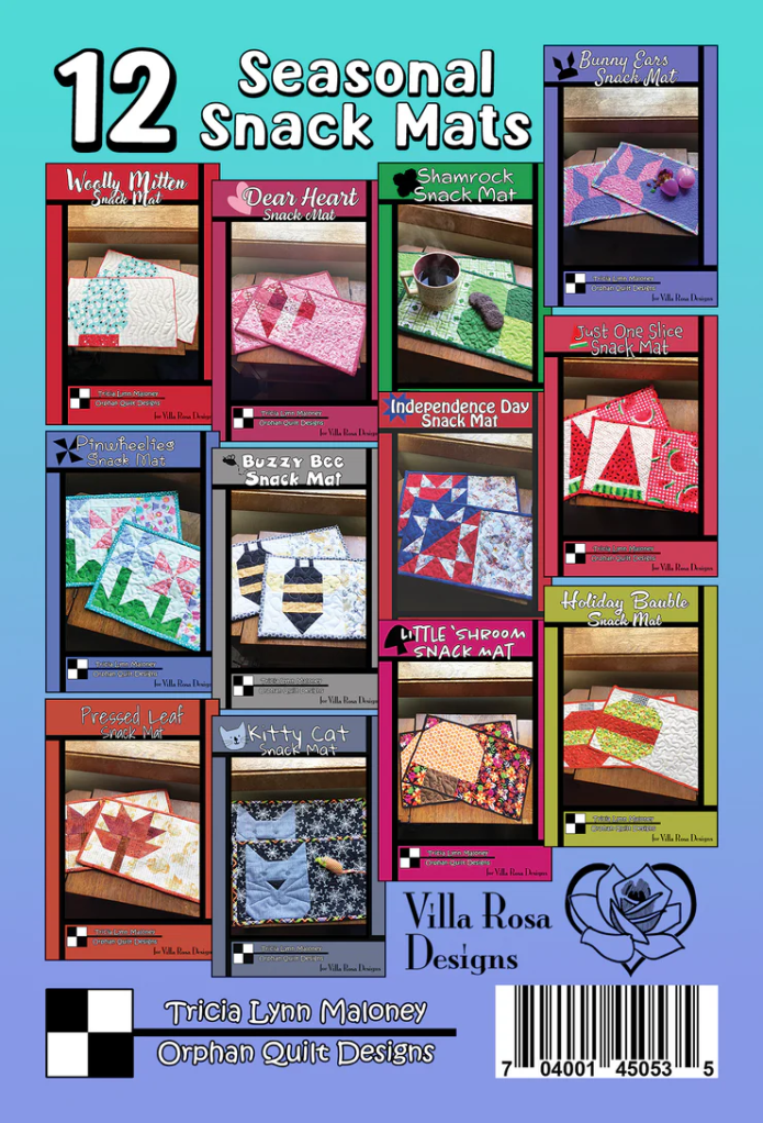 Cover image featuring 12 seasonal snack mats with various designs, including Woolly Mitten, Dear Heart, Shamrock, Independence Day, Buzzy Bee, Little Shroom, and more, all displayed in a colorful grid format.