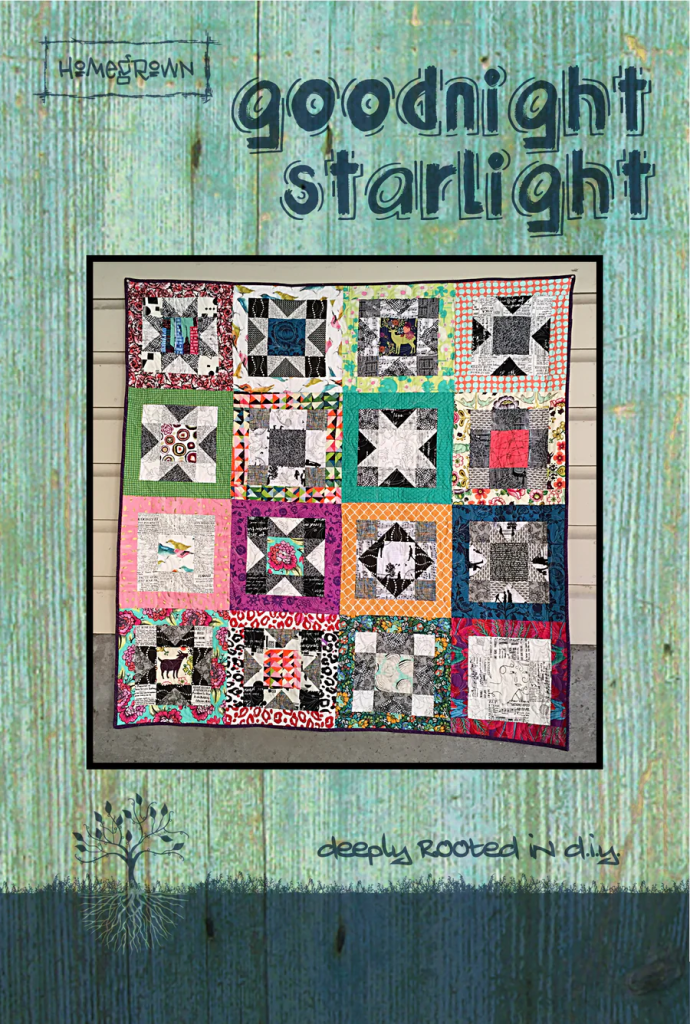 A colorful quilt titled 'Goodnight Starlight' displayed against a rustic wooden background, featuring various geometric patterns and vibrant fabrics.