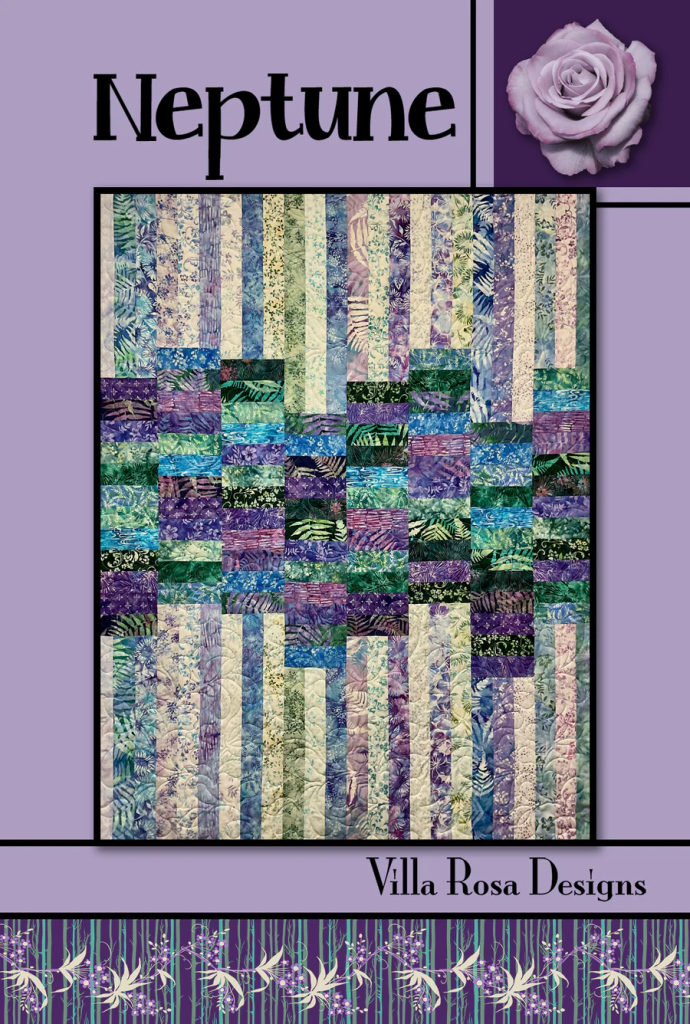 A quilt design titled 'Neptune' by Villa Rosa Designs, featuring a pattern of vertical and horizontal strips in shades of purple, teal, and cream, set against a lavender background with a decorative floral border.