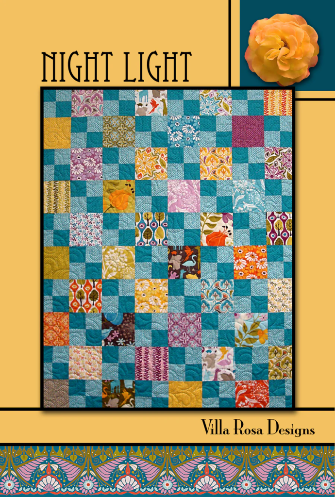 A colorful quilt design titled 'Night Light' featuring various patterned squares in shades of teal, pink, and yellow, accompanied by floral graphics and branding for Villa Rosa Designs.