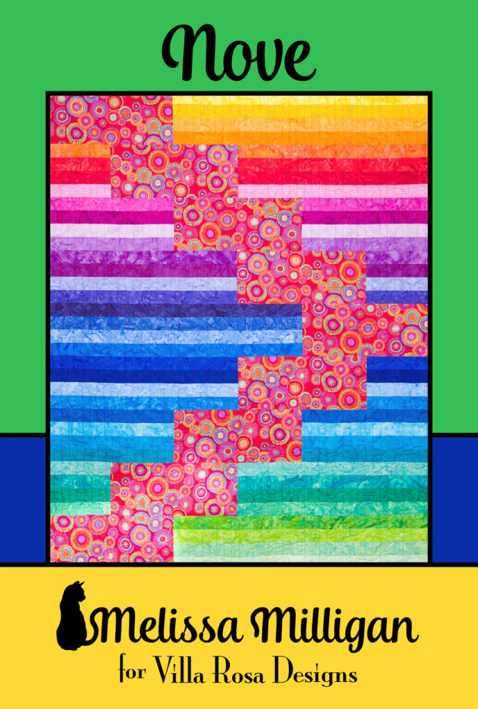 Colorful quilt design titled 'Nove' by Melissa Milligan for Villa Rosa Designs, featuring vibrant stripes and a unique diagonal pattern.