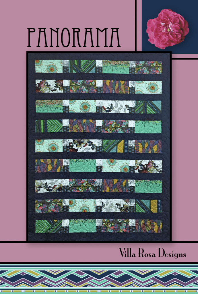 A colorful quilt design featuring an assortment of patterned fabric strips arranged in rows. The quilt is framed against a pink background with the word 'PANORAMA' at the top and 'Villa Rosa Designs' at the bottom. A pink flower is also displayed in the top right corner.