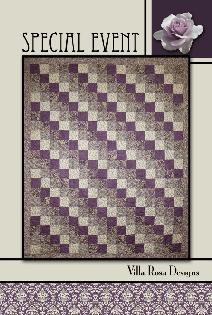 A decorative quilt featuring a geometric pattern with purple and cream squares, accompanied by elegant floral designs. The top of the image includes text stating 'SPECIAL EVENT' and features a rose graphic, while the bottom displays 'Villa Rosa Designs.'