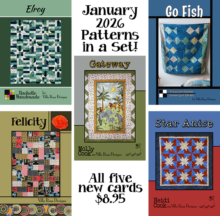 Promotional image for January 2026 quilt patterns, featuring five designs: Elroy, Gateway, Felicity, Go Fish, and Star Anise, each with a description and the price of $8.95 for the set.