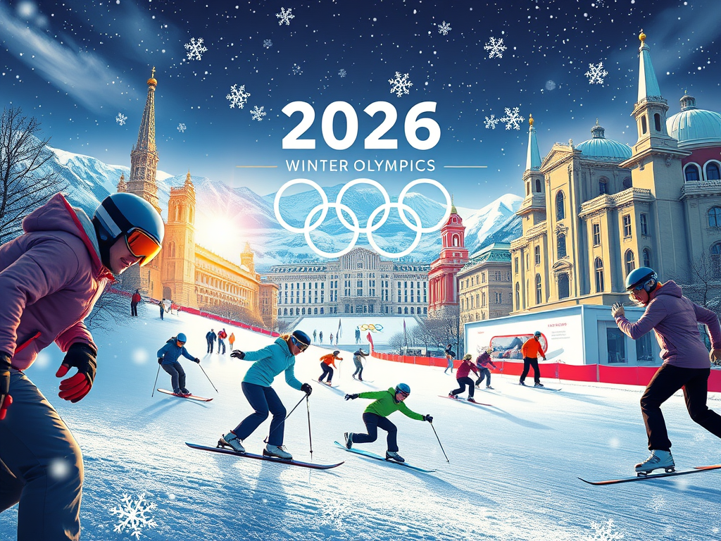 Skiers participating in the 2026 Winter Olympics on a snowy slope with historical buildings and mountains in the background.