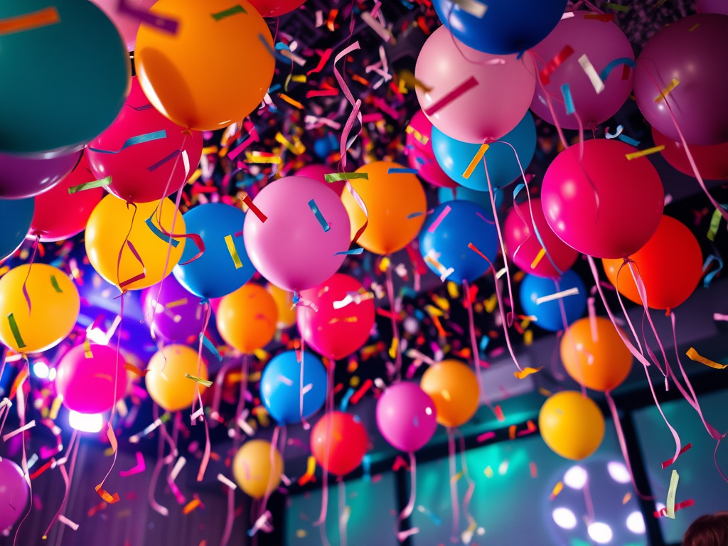 Colorful balloons in various shades hanging from the ceiling, with confetti scattered throughout the scene, creating a festive atmosphere.