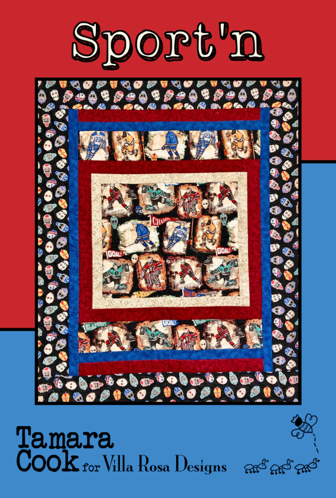 A colorful quilt design titled 'Sport'n' by Tamara Cook, featuring sports-themed fabric, bordered with various patterns, including hockey and football motifs.