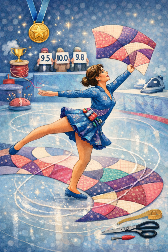 A figure skater in a blue dress performs gracefully on a patterned ice surface, holding a colorful fan. In the background, judges display score cards with numbers 9.5, 10.0, and 9.8, alongside a trophy and sewing supplies.