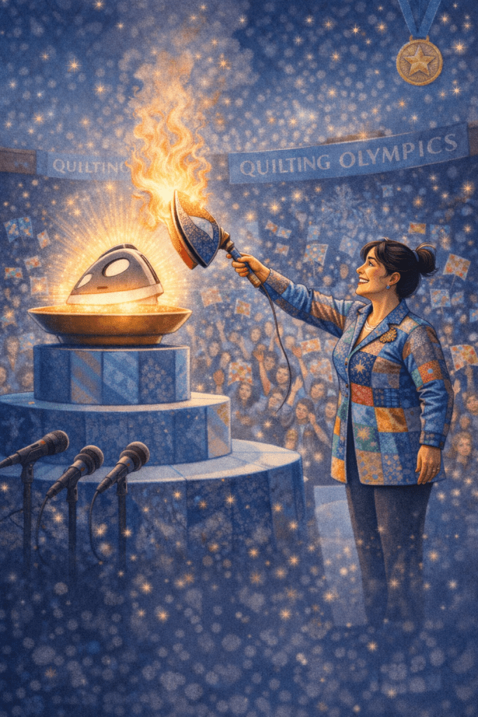 A woman in a colorful patchwork jacket uses an iron to ignite a flame from a quilted trophy at the Quilting Olympics, with an excited crowd in the background.